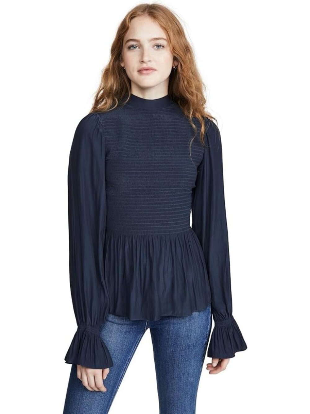 Ramy Brook Blue Top Small Justine Smocked Peplum